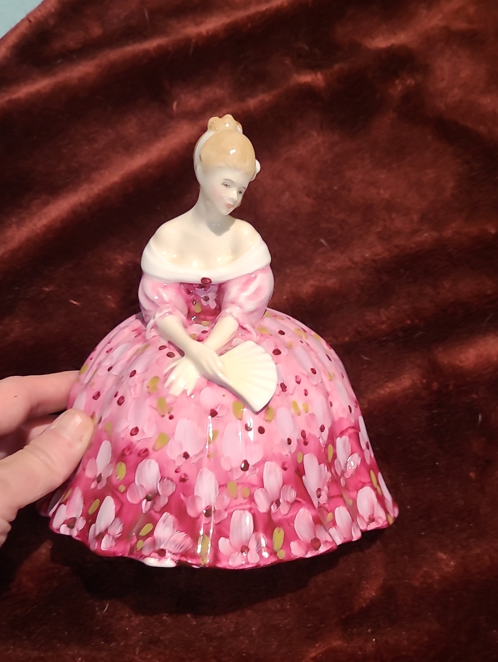 Royal Doulton Porcelain Lady Figurine in Pink Floral Gown, Sitting